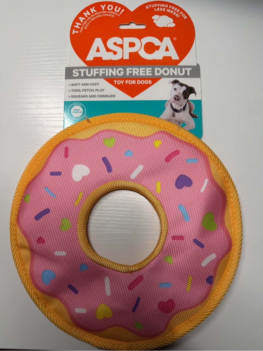 Pink Donut Dog Toy with Yellow Trim - Stuffing Free